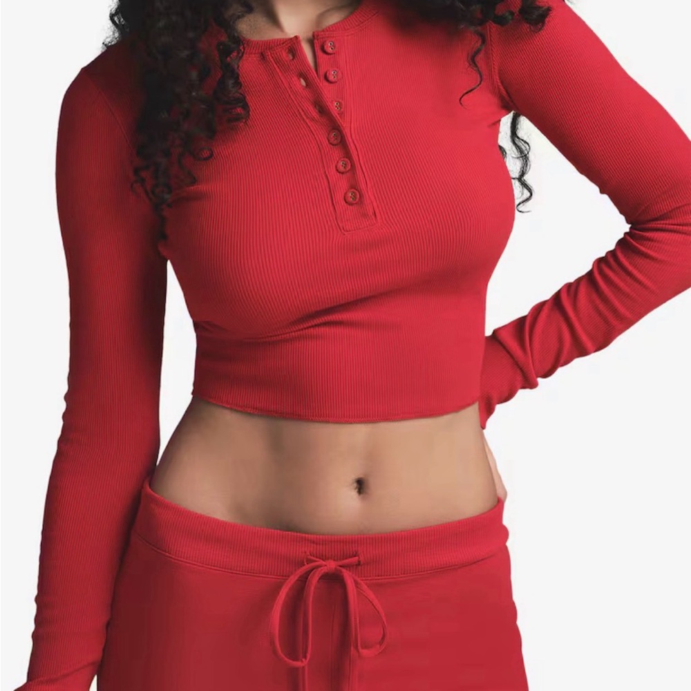 SKIMS Red Long Sleeve Henley Top